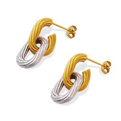 Gold Embossed Oval Circle Earrings Detachable Twist Rectangle Earring