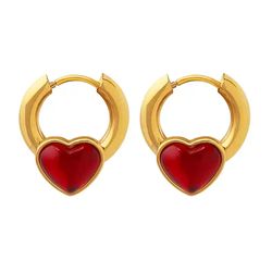 Simple Gold Red Crystal Circle Earrings Red Heart Stone Earring