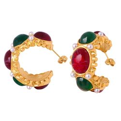 Colorful Stone C Shaped Earring 18K Gold Vintage Red Resin Circle Earring