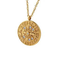 18K Gold Zircon Zodiac Disc Necklace Horoscope Disk Necklace Women