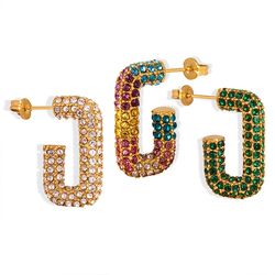 Paved Crystal G Shaped Earring 18K Gold Geometric Colorful Zircon Earring