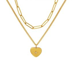 Gold Double Layers Zircon Heart Necklace Paperclip Chain Heart Necklace