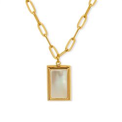 18K Gold Seashell Rectangle Necklace Paperclip Chain Square Pendant Necklace