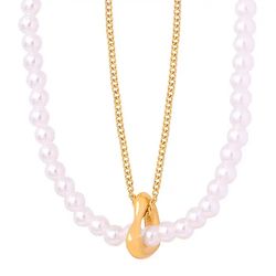 Double Layers Shell Bead Necklace 18k Gold Freshwater Pearl Necklace