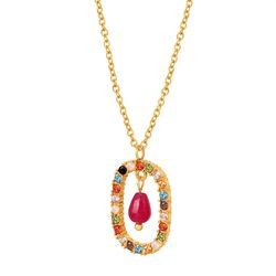 Zircon Rectangle Oval Stone Necklace 18K Gold Colorful Circle Necklace