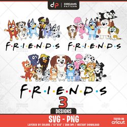blue dog with friends svg, 3 designs easy to use, cartoon characters cliparts, layered svg by colors