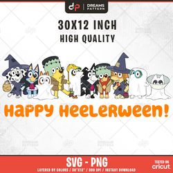 blue dog and friends happy heelerween svg, easy to use, cartoon characters, layered svg by colors