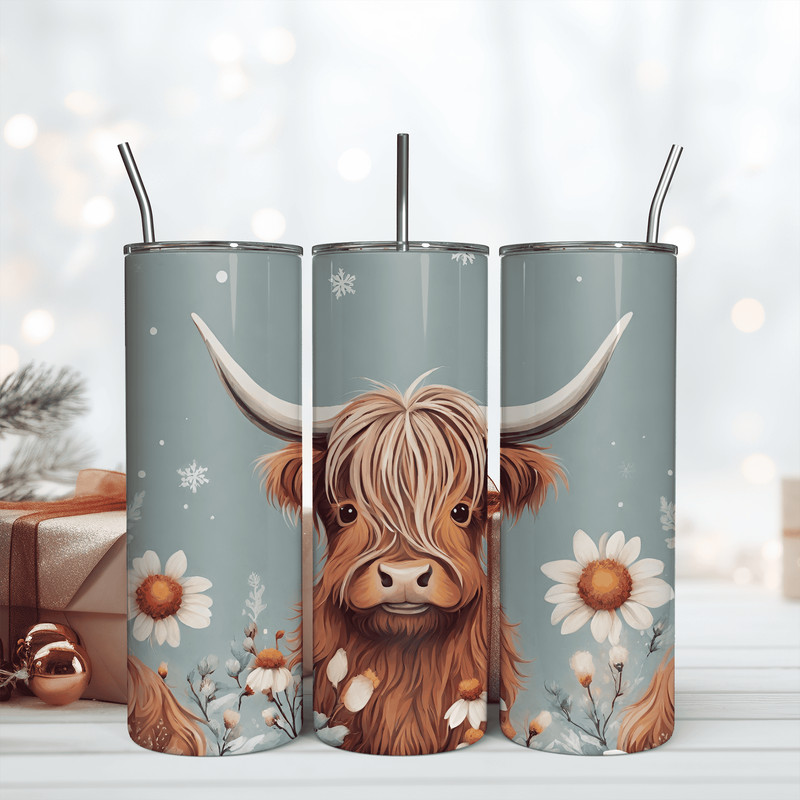20oz Highland Cow Floral Skinny Tumbler Wrap Png.png