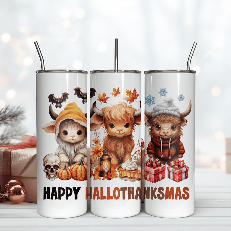 Happy Hallothanksmas Highland Cow 20oz Skinny Seamless Tumbler Wrap Png.png