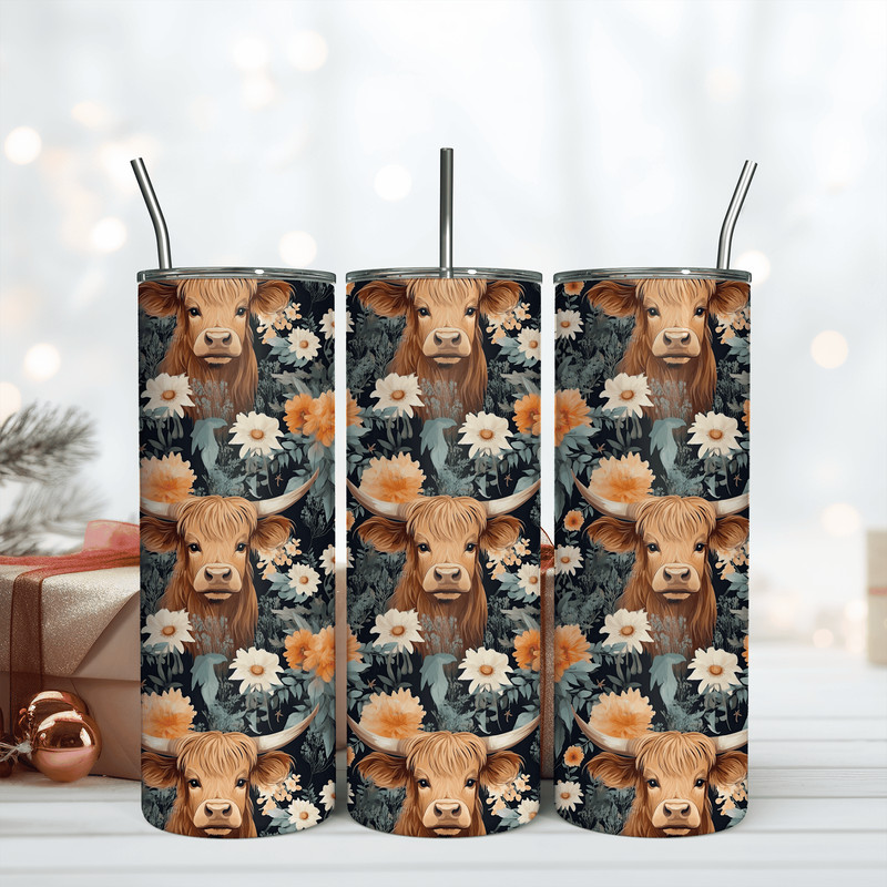 Highland Cow Flower Design 20oz Tumbler Seamless Png.png
