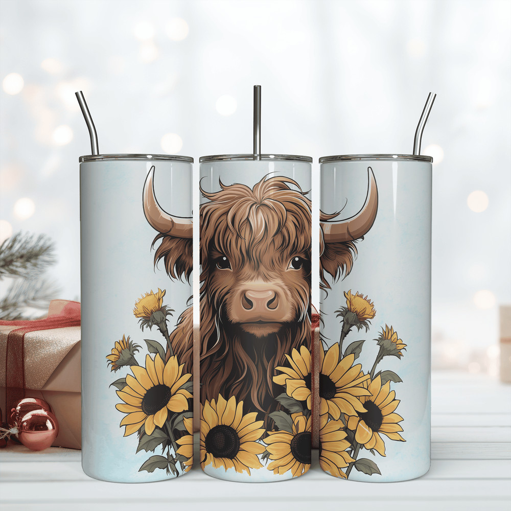 Highland Cow Sunflowers 20Oz Skinny Tumbler Png.png