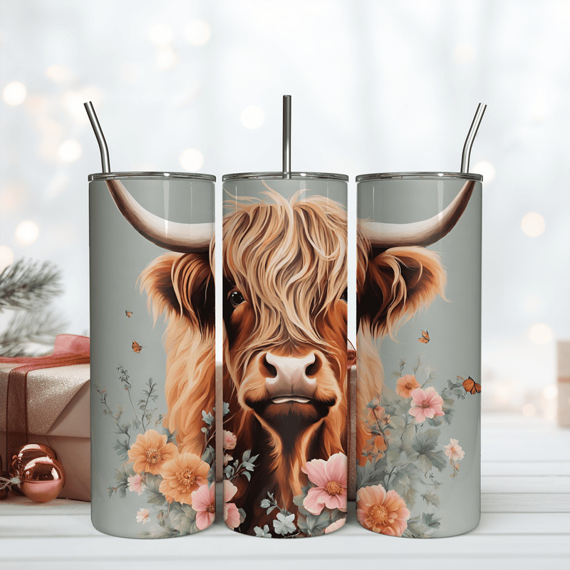 Highland Cow Watercolor 20oz Skinny Tumbler Sublimation Design Templates Png.png