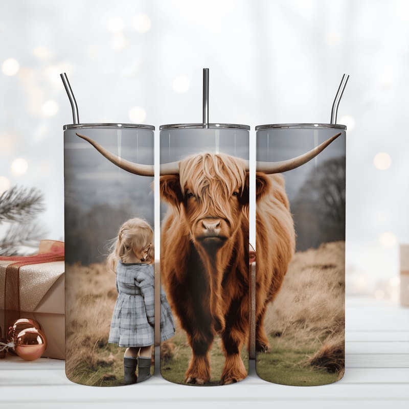 Highland Cow With A Girl 20Oz Tumbler Wrap Png Sublimation.png