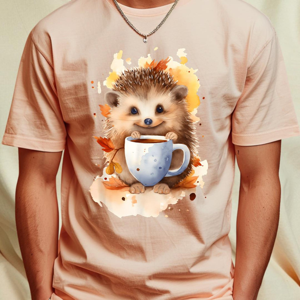 Hedgehog with coffee watercolor style T-Shirt 122_T-Shirt_File PNG.jpg