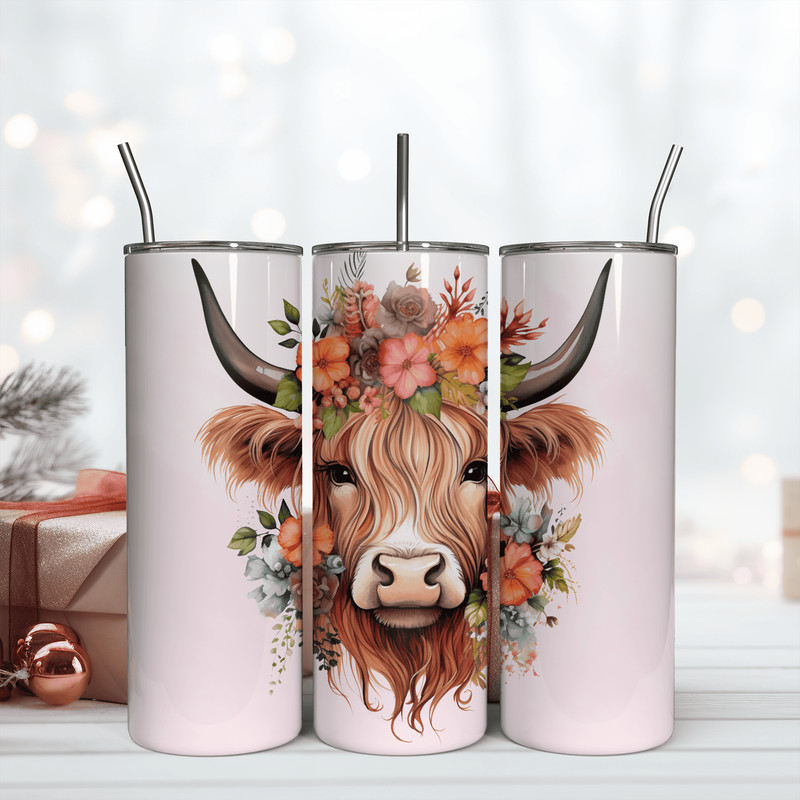 Flower Wreath Hat Highland Cow 20Oz Tumbler Wrap Png.png