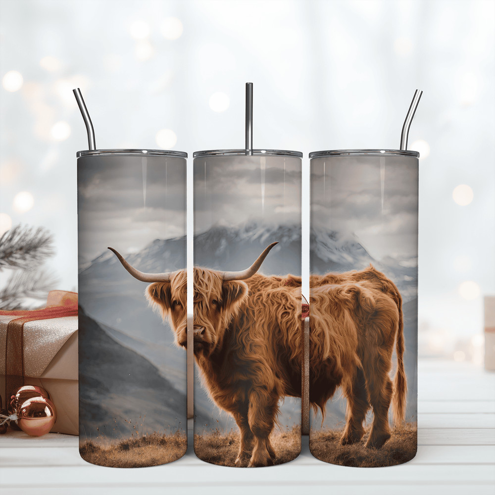 Highland Cow In Mountain 20oz Skinny Tumbler Png.png