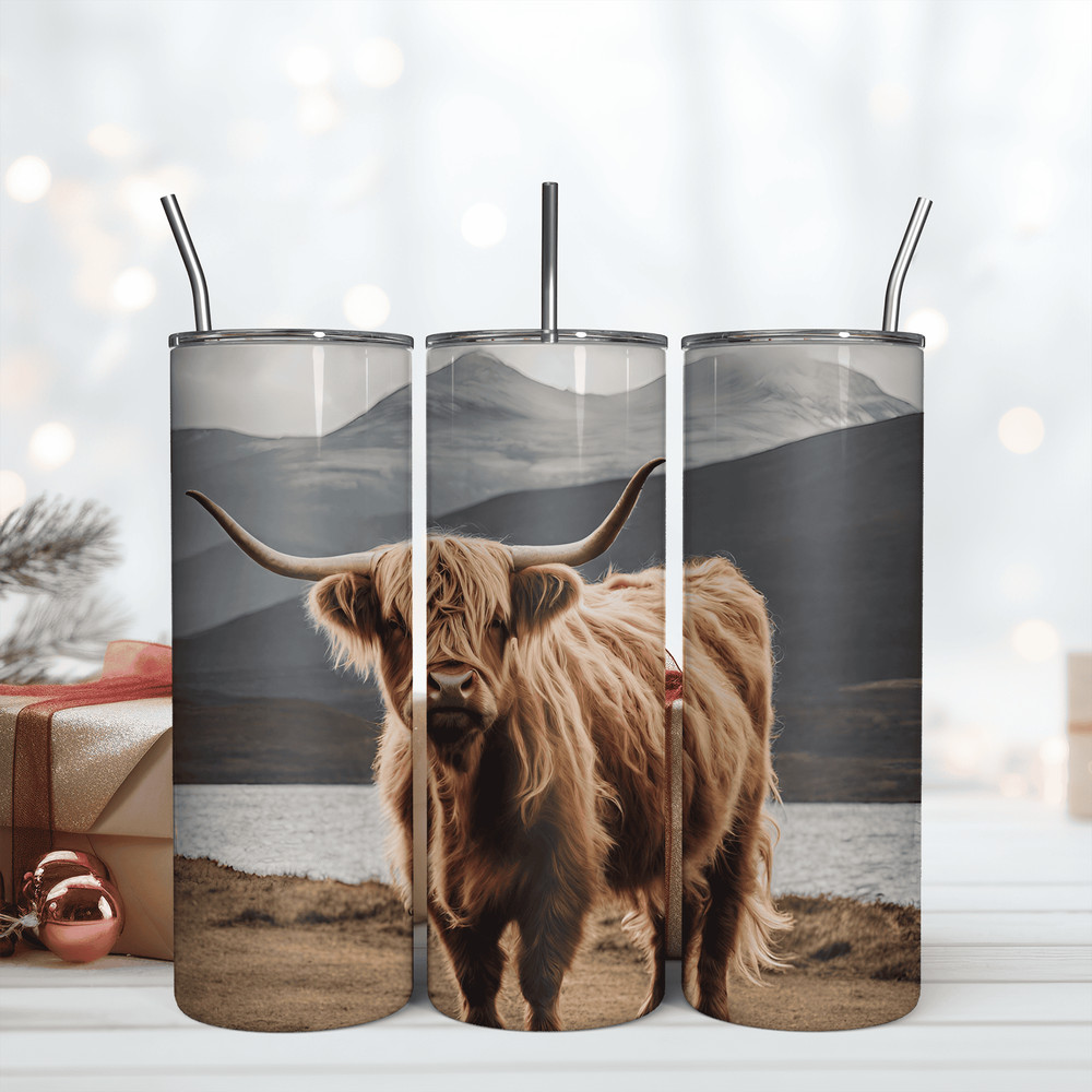 Highland Cow In River 20oz Skinny Tumbler Png.png