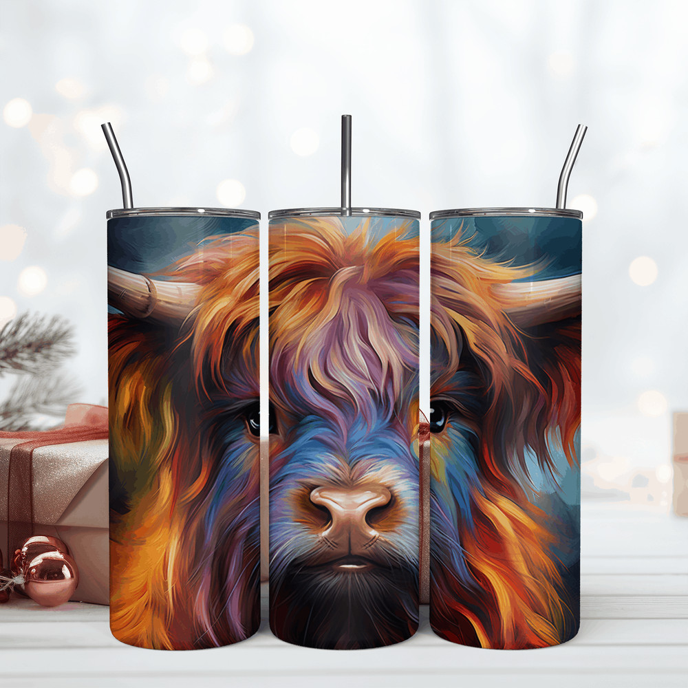 Multicolor Highland Cow Tumbler Design, 20oz Skinny Tumbler Wrap, Multicolor Highland Cow Tumbler Png.png