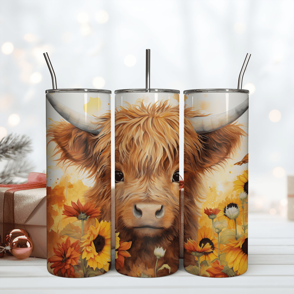 Painted Fall Highland Cow 20Oz Tumbler Wrap Png Sublimation.png