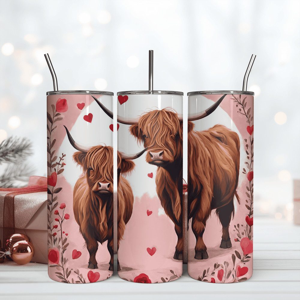 Red Heart Highland Cow 20Oz Skinny Tumbler Png.png