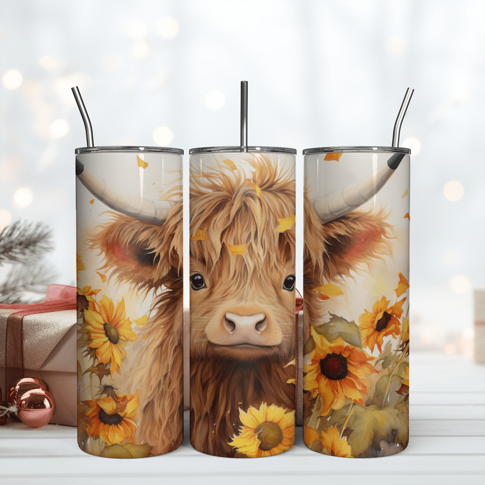 Sunflower Highland Cow Wrap For Straight Tumbler 20Oz Png.png