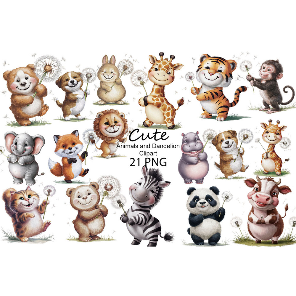 Cute Animals and Dandelion Clipart.jpg