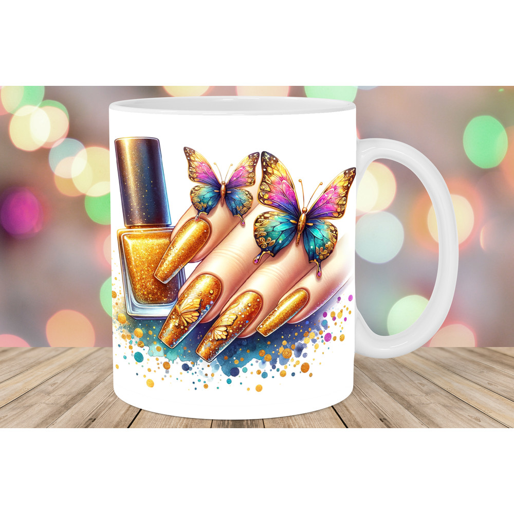 Gold Glitter Nails Butterflies Mug Wrap.png