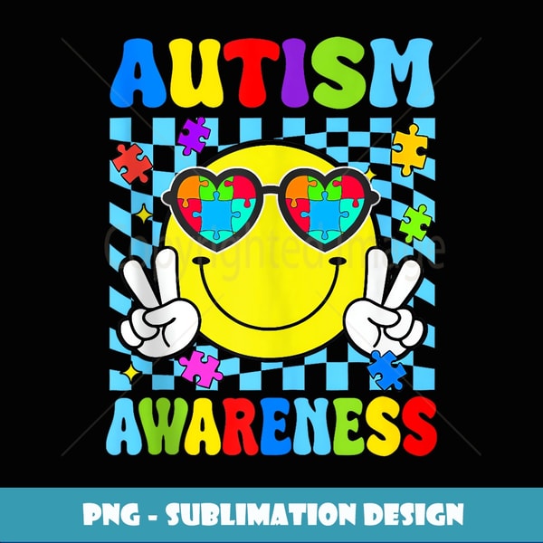 Autism Awareness Groovy Hippie Smile Face Puzzle Boy Girl - High-Resolution PNG Sublimation File