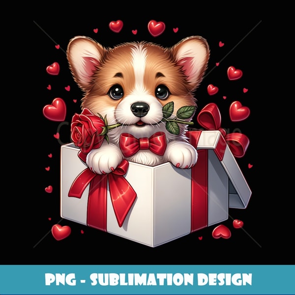 Corgi Red Heart & Rose Happy Valentines Day for Men Boys - Elegant Sublimation PNG Download