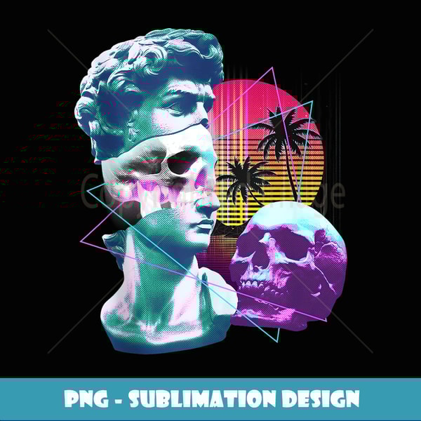 Vaporwave David Bust Statue with Skulls & Palm Tree Art - Elegant Sublimation PNG Download