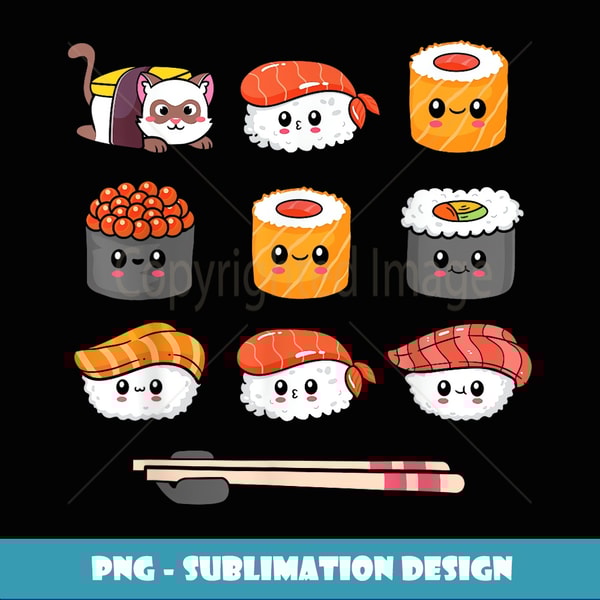 Happy Sushi Anime Kawaii Set Japanese Food Lover Cats Manga - Digital Sublimation Download File