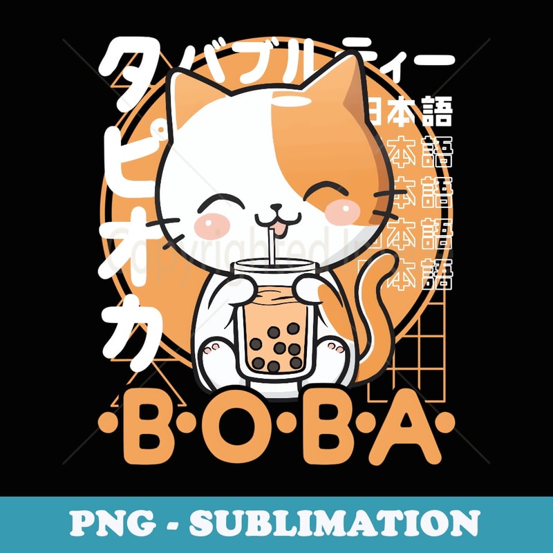 Cat Boba Tea Kawaii Bubble Tea Cat Anime Neko Calico Cat - Sublimation PNG File