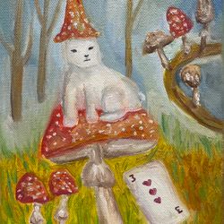 Mushroom Fly Agari Oil Painting Original Art Alice in Wonderland