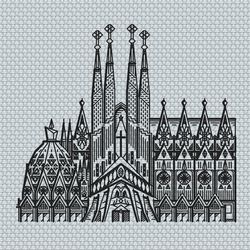 Sagrada Familia Barcelona Monochrome Blackwork Backstitch Pattern PDF