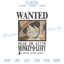 bounty luffy embroidery design, one piece embroidery, anime design, embroidery