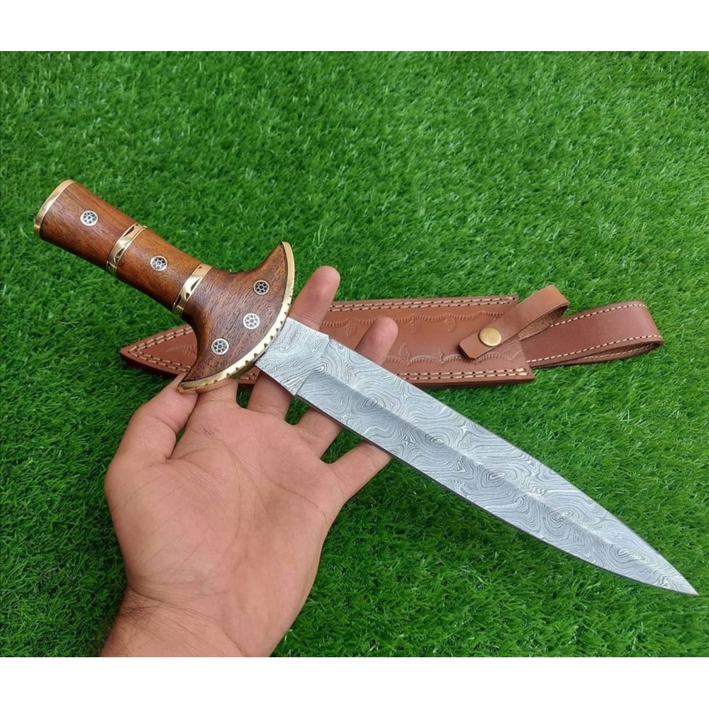 16 Inch Handmade Damascus Steel Double Edge Dagger Knife With Rose Wood Handle Christmas Gift Comba 0