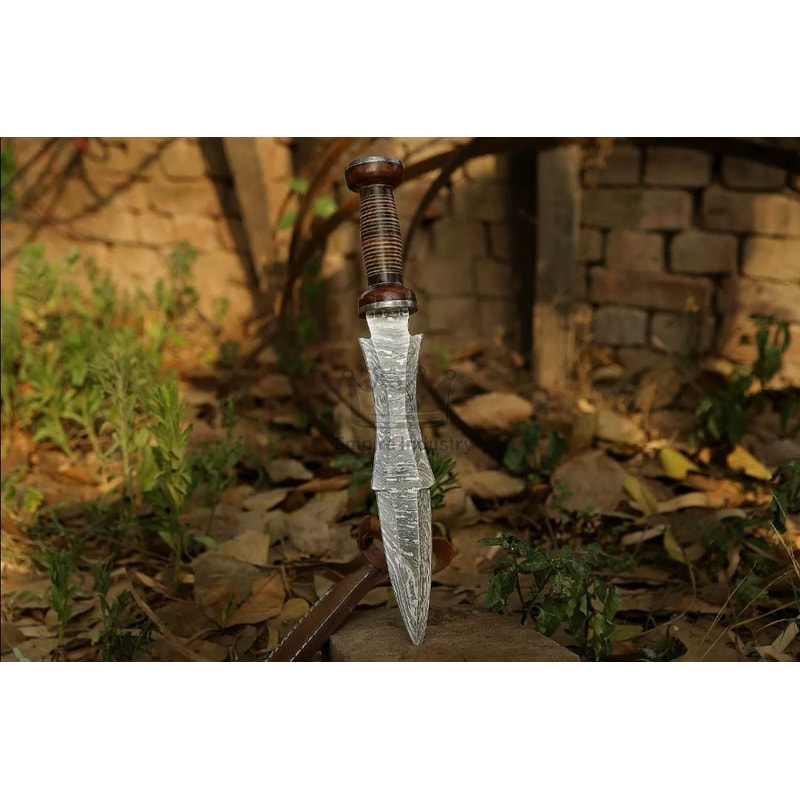 17 Inch Handmade Damascus Steel Double Edge Dagger Knife With Leather Handle Christmas Gift Combat 1