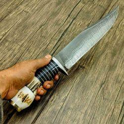 Custom Made Heavy Duty Bowie Knife , Hand Forged Hunting Stag Horn Handled Knife , With Leather Sheath , Gift For Him ,