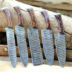 Handmade Forged steel chef set of 5 knives, Beautiful custom gift for birthday, weeding, anniversary, hand forged steel.