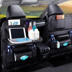 Car Seat Back Organizer with Foldable Table Tray PU Leather Storage