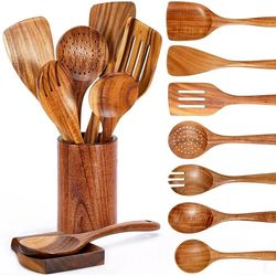 9 PCS Wooden Spoons for Cooking, Wooden Utensils for Cooking, Spatula,Turner, Slotted Spoon, Kitchen Gadgets Tools Sets