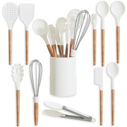 Silicone Kitchen Utensils Set | White Kitchen Utensils with Holder (11 Pc.) White Kitchen Set with Wooden Handle for Hom