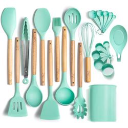 Three-Sixty Home ODORLESS 13 Pc Silicone Cooking Utensils Set with Holder (Mint/Turquoise/Blue, Wood Handle) - Kitchen G
