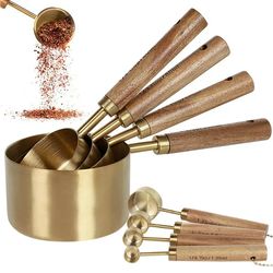 Rzvnmko 8Pcs Measure Cup and Spoon Set Gold Measuring Cup Spoon Set with Wooden Handle Stainless Steel Stackable Kitchen