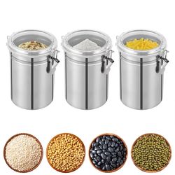 SHZICMY 3Pcs Stainless Steel Airtight Canister 1800ml Round Storage Container with Lock Catch for Food Sugar Coffee Tea