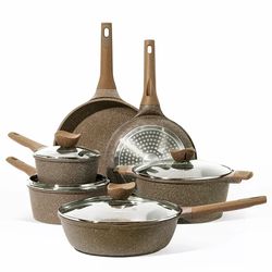 Nonstick Granite Cookware Sets, 10 Pcs Brown Granite Pots and Pans Set, Induction Stone Kitchen Cooking Set