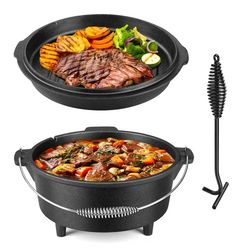5 QT Cast Iron Dutch Oven, 2 In 1 Pre-Seasoned Camping Pot with Reversible Lid and Lid Lifter Handle, Multifunctional C