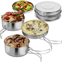 4 PCS Camping Cookware Set, Portable Lightweight Stainless Steel Pots with Storage Bag, Stackable Cooking Pot Pan Plate