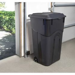 Gallon Wheeled Heavy Duty Plastic Garbage Can, Attached Lid, Black
