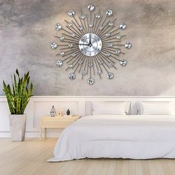 Carrie RStocker Wall Clock,Wall Clock with Bling Diamond,Sparkling Bling Metallic Silver Flower-Shaped Wall Clock for Li